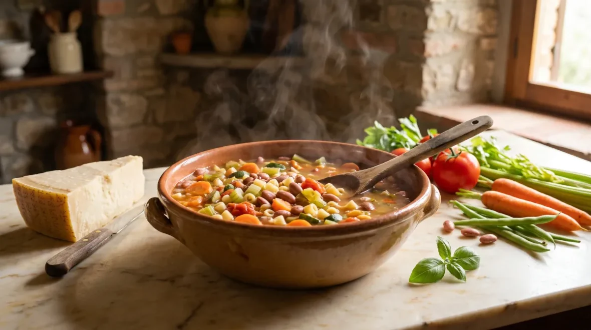 Gęsty, parujący minestrone w glinianej misie - fasola borlotti, marchew, seler, cukinia, pomidory i drobny makaron, obok kawałek parmezanu, świeże warzywa i bazylia na kremowym marmurze