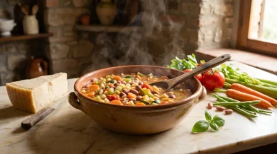 Gęsty, parujący minestrone w glinianej misie - fasola borlotti, marchew, seler, cukinia, pomidory i drobny makaron, obok kawałek parmezanu, świeże warzywa i bazylia na kremowym marmurze