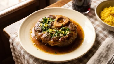 Ossobuco alla milanese - gruby plaster duszonej cielęcej giczy z kością i szpikiem w środku, posypany gremolatą, obok szafranowe risotto