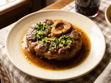 Ossobuco alla milanese - gruby plaster duszonej cielęcej giczy z kością i szpikiem w środku, posypany gremolatą, obok szafranowe risotto