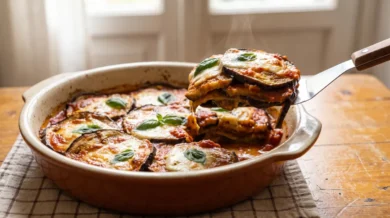 Zapiekana parmigiana di melanzane w ceramicznym naczyniu, uniesiony kawałek pokazuje warstwy smażonego bakłażana, sosu pomidorowego, sera i bazylii