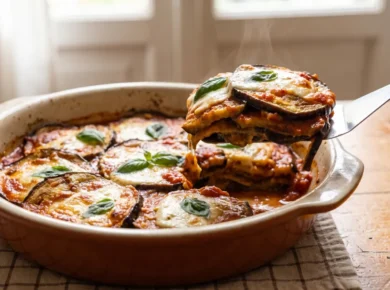 Zapiekana parmigiana di melanzane w ceramicznym naczyniu, uniesiony kawałek pokazuje warstwy smażonego bakłażana, sosu pomidorowego, sera i bazylii