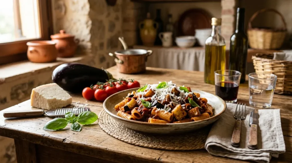 Talerz pasta alla Norma - krótki makaron w sosie pomidorowym ze smażonym bakłażanem, posypany startą białą ricottą salatą i świeżą bazylią, na rustykalnym drewnianym stole