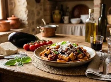 Talerz pasta alla Norma - krótki makaron w sosie pomidorowym ze smażonym bakłażanem, posypany startą białą ricottą salatą i świeżą bazylią, na rustykalnym drewnianym stole