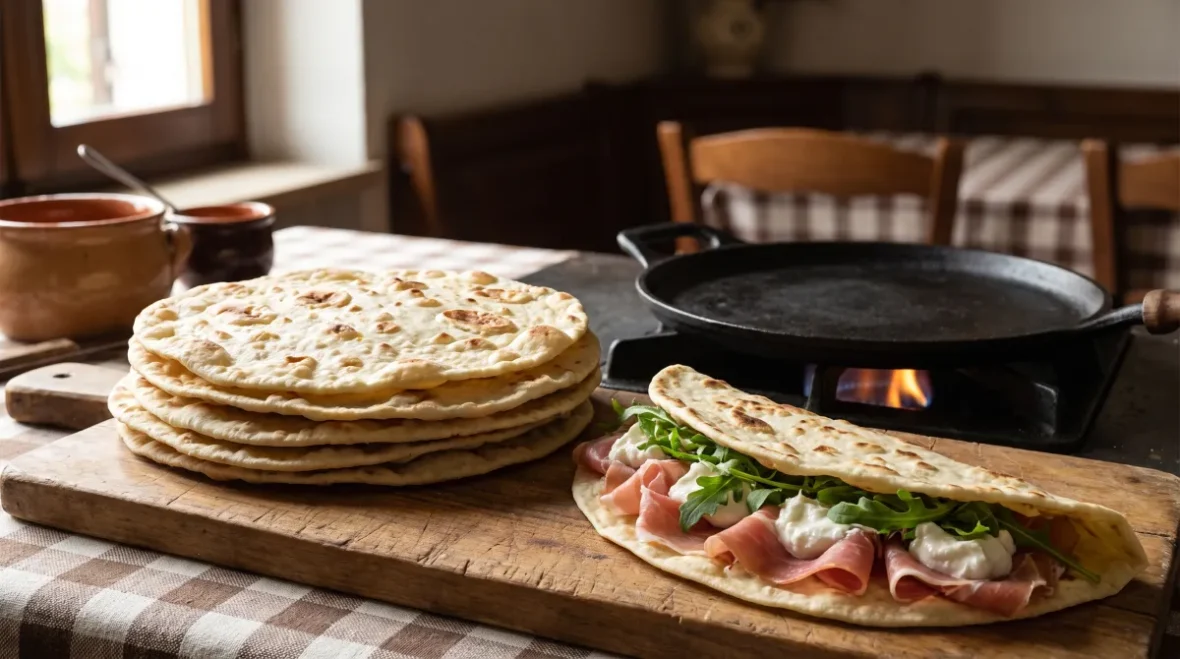 Piadina romagnola - stos cienkich placków obok żeliwnej płyty testo i jedna złożona piadina z prosciutto crudo, serem squacquerone i rukolą, w rustykalnej kuchni Romanii