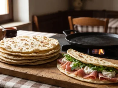 Piadina romagnola - stos cienkich placków obok żeliwnej płyty testo i jedna złożona piadina z prosciutto crudo, serem squacquerone i rukolą, w rustykalnej kuchni Romanii