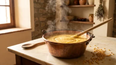 Złota, parująca polenta mieszana drewnianym kijem w miedzianym kotle paiolo, kremowy marmurowy blat i rozsypane ziarna kukurydzy