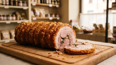 Cała porchetta z chrupiącą złocistą skórką, przekrojona, na drewnianej desce we włoskim sklepie garmażeryjnym; przekrój odsłania różowe pieczone mięso z ziołami, czosnkiem i koprem
