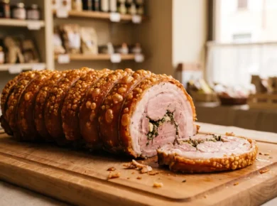 Cała porchetta z chrupiącą złocistą skórką, przekrojona, na drewnianej desce we włoskim sklepie garmażeryjnym; przekrój odsłania różowe pieczone mięso z ziołami, czosnkiem i koprem