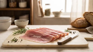 Cienkie bladoróżowe plastry prosciutto cotto na kremowej marmurowej desce z widocznymi pasmami mięśni, nóż z drewnianą rączką, rozmaryn i ziarna pieprzu