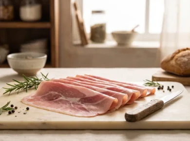 Cienkie bladoróżowe plastry prosciutto cotto na kremowej marmurowej desce z widocznymi pasmami mięśni, nóż z drewnianą rączką, rozmaryn i ziarna pieprzu