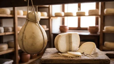 Duży dojrzewający provolone wiszący na sznurku i odkrojony klin na drewnianej desce w sklepie z serami, jasnożółta pasta filata