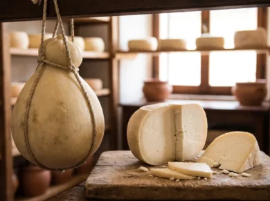 Duży dojrzewający provolone wiszący na sznurku i odkrojony klin na drewnianej desce w sklepie z serami, jasnożółta pasta filata