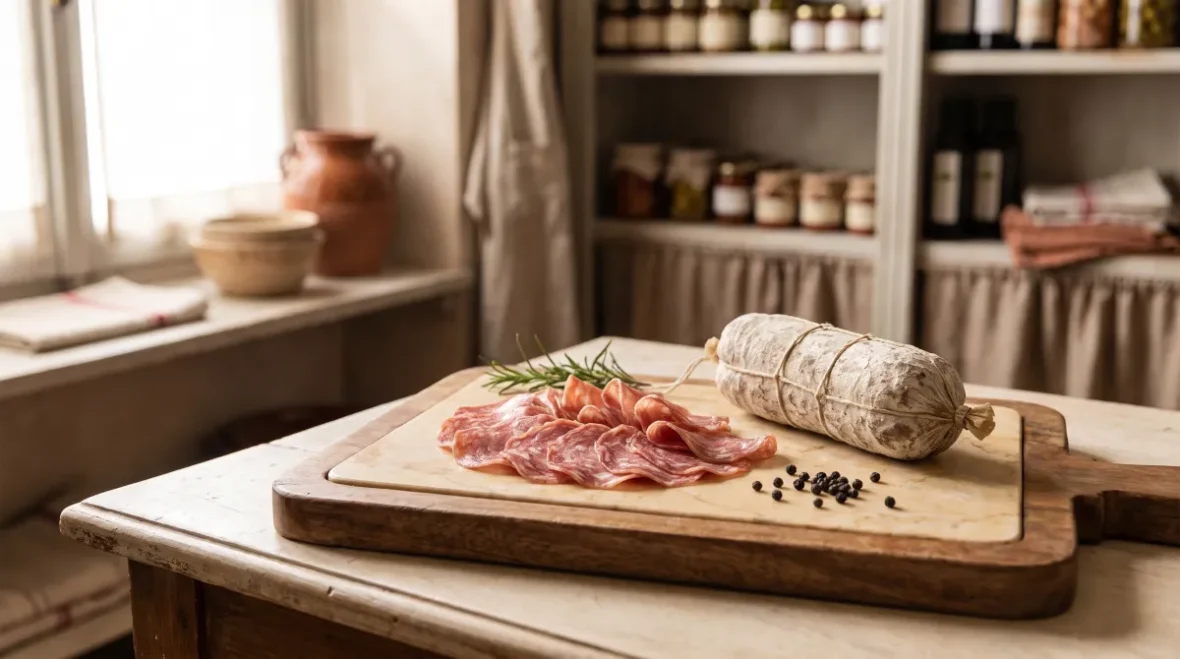 Plastry włoskiego salami ułożone w wachlarz na kremowej desce, obok cała salame w naturalnej pleśniowej osłonce, ziarna pieprzu i gałązka rozmarynu