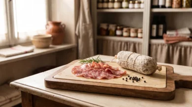 Plastry włoskiego salami ułożone w wachlarz na kremowej desce, obok cała salame w naturalnej pleśniowej osłonce, ziarna pieprzu i gałązka rozmarynu
