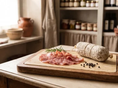 Plastry włoskiego salami ułożone w wachlarz na kremowej desce, obok cała salame w naturalnej pleśniowej osłonce, ziarna pieprzu i gałązka rozmarynu