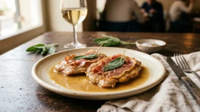 Saltimbocca alla romana - płaskie płaty cielęciny z prosciutto i szałwią spięte wykałaczką w maślano-winnym sosie