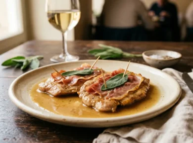 Saltimbocca alla romana - płaskie płaty cielęciny z prosciutto i szałwią spięte wykałaczką w maślano-winnym sosie