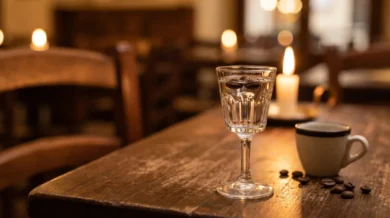 Kieliszek bezbarwnej sambuki podanej con la mosca z trzema ziarnami kawy pływającymi na powierzchni, obok filiżanka espresso i rozsypane ziarna, świeca, wnętrze włoskiej trattorii