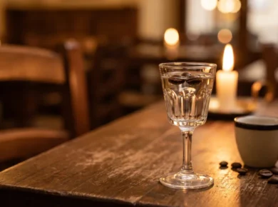 Kieliszek bezbarwnej sambuki podanej con la mosca z trzema ziarnami kawy pływającymi na powierzchni, obok filiżanka espresso i rozsypane ziarna, świeca, wnętrze włoskiej trattorii