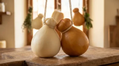 Biała i wędzona scamorza o gruszkowatym kształcie, przewiązane sznurkiem i wieszane do obeschnięcia w serowarni