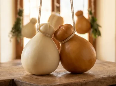 Biała i wędzona scamorza o gruszkowatym kształcie, przewiązane sznurkiem i wieszane do obeschnięcia w serowarni