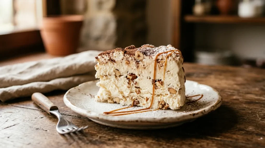 Plaster semifreddo al torrone z kruszonym nugatem i nitka karmelu na talerzyku, widoczna lekka musowa struktura, cieple swiatlo