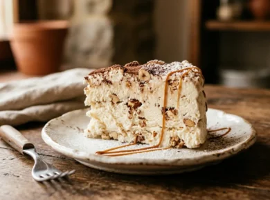 Plaster semifreddo al torrone z kruszonym nugatem i nitka karmelu na talerzyku, widoczna lekka musowa struktura, cieple swiatlo