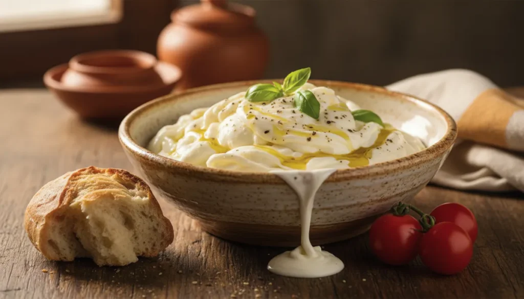 Miska świeżej stracciatelli - kremowego sera ze strzępków ciągnionej mozzarelli w śmietance, skropionego oliwą, z listkami bazylii i pieprzem, obok kawałek chleba i pomidorki na drewnianym stole