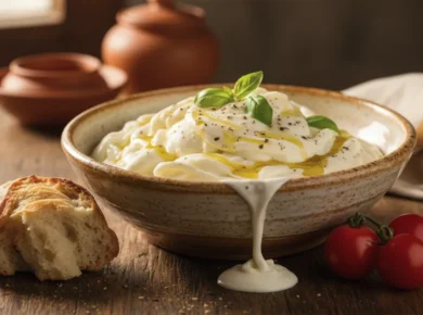 Miska świeżej stracciatelli - kremowego sera ze strzępków ciągnionej mozzarelli w śmietance, skropionego oliwą, z listkami bazylii i pieprzem, obok kawałek chleba i pomidorki na drewnianym stole
