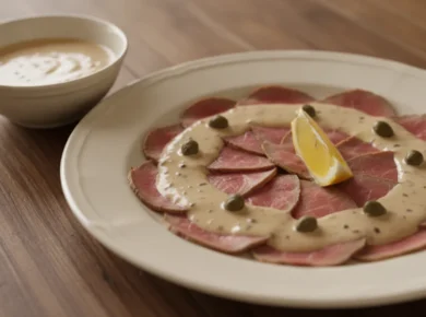 Cienkie plastry cielęciny na kremowym talerzu pod jasnym sosem tuńczykowym z kaparami i cytryną - vitello tonnato, piemoncki antipasto