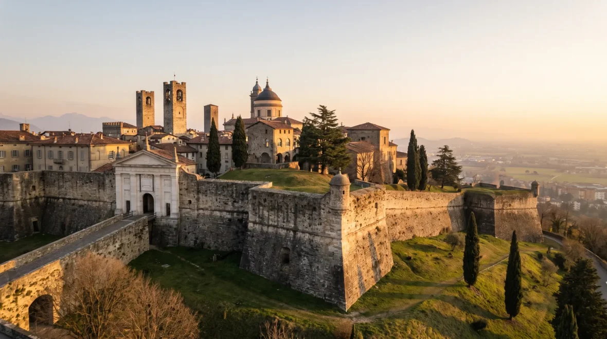 Bergamo Alta na wzgórzu za weneckimi murami, w tle równina Lombardii