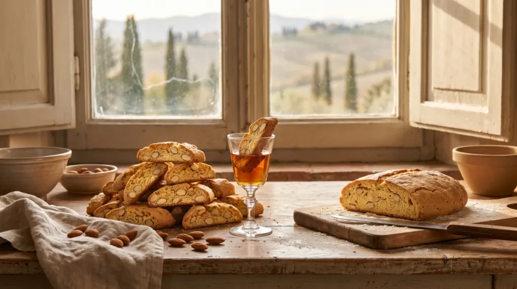 Cantuccini z całymi migdałami ułożone na drewnianym stole obok kieliszka vin santo, w tle przez okno toskańskie wzgórza z cyprysami