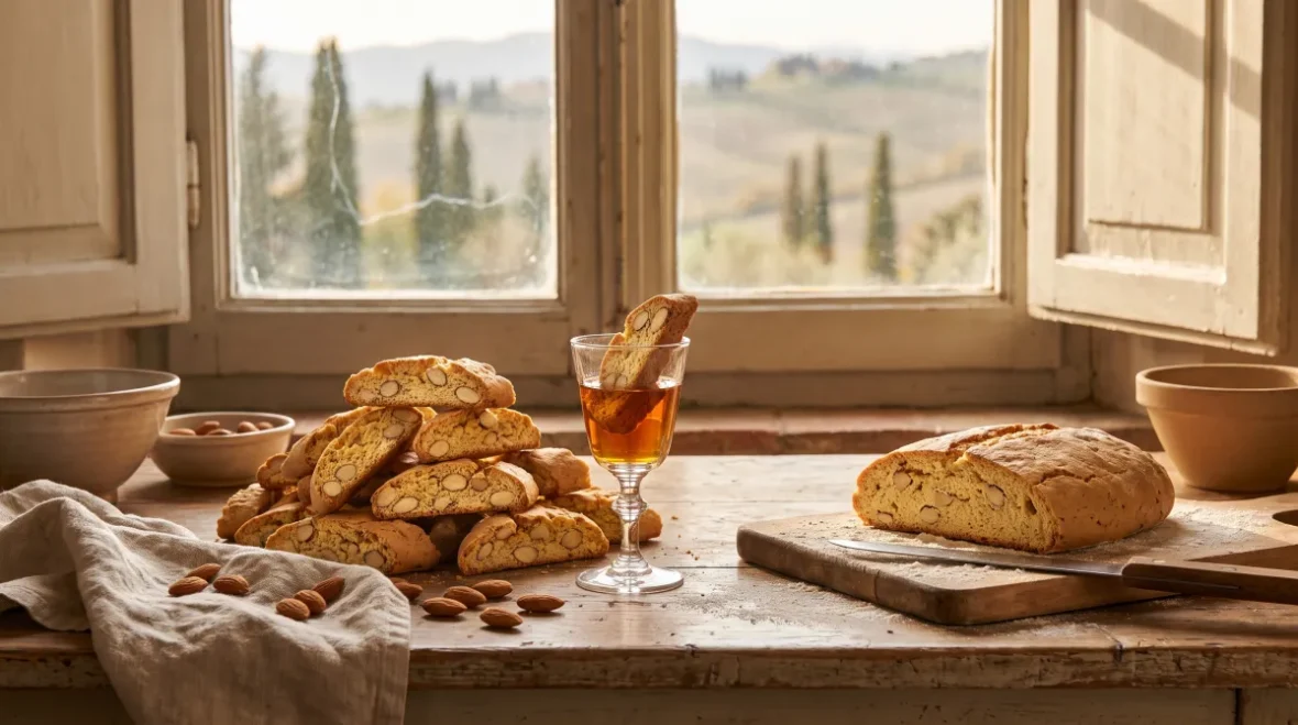 Cantuccini z całymi migdałami ułożone na drewnianym stole obok kieliszka vin santo, w tle przez okno toskańskie wzgórza z cyprysami