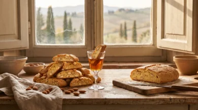 Cantuccini z całymi migdałami ułożone na drewnianym stole obok kieliszka vin santo, w tle przez okno toskańskie wzgórza z cyprysami