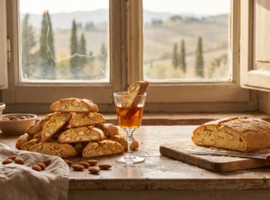 Cantuccini z całymi migdałami ułożone na drewnianym stole obok kieliszka vin santo, w tle przez okno toskańskie wzgórza z cyprysami