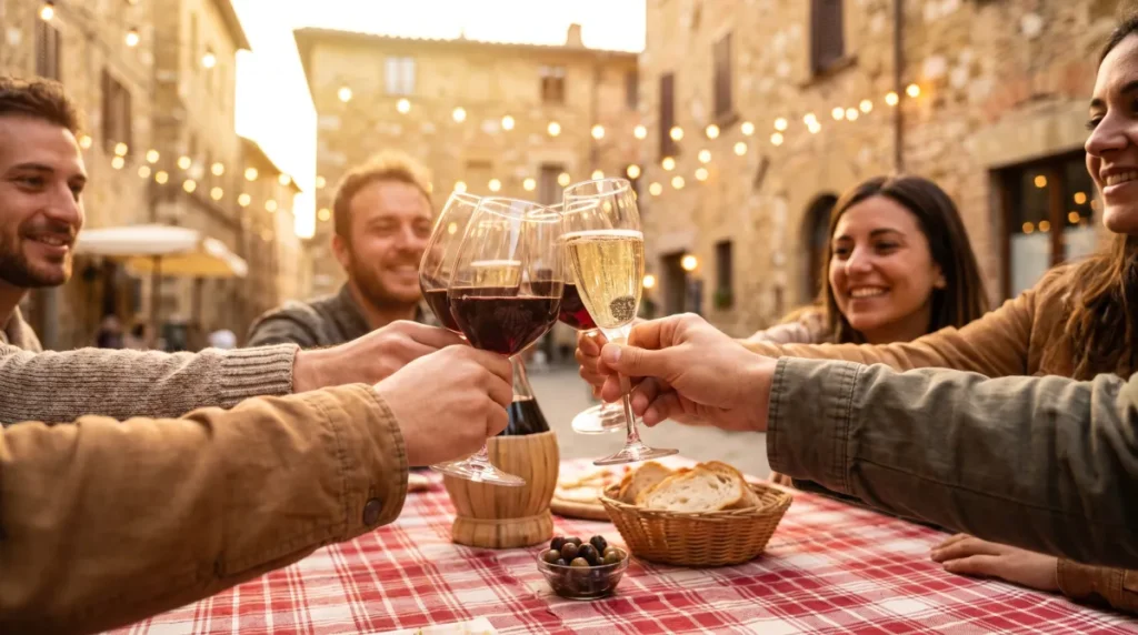 Przyjaciele wznoszą toast kieliszkami czerwonego wina i prosecco przy stole z kraciastym obrusem na kamiennym placu włoskiego miasteczka, w złotym świetle popołudnia