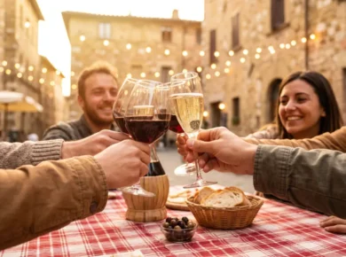 Przyjaciele wznoszą toast kieliszkami czerwonego wina i prosecco przy stole z kraciastym obrusem na kamiennym placu włoskiego miasteczka, w złotym świetle popołudnia