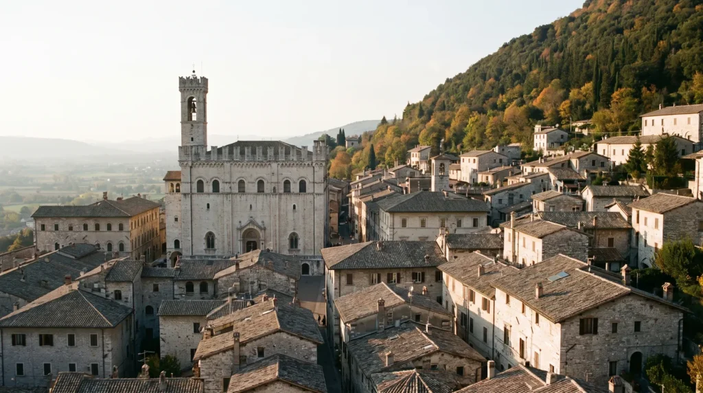 Palazzo dei Consoli nad dachami Gubbio, w tle zbocze Monte Ingino