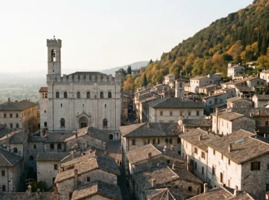 Palazzo dei Consoli nad dachami Gubbio, w tle zbocze Monte Ingino