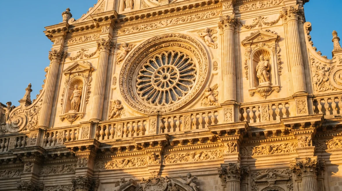 Koronkowa barokowa fasada bazyliki Santa Croce w Lecce w ciepłym świetle