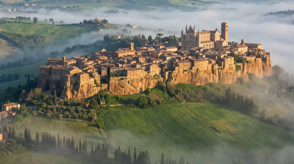 Orvieto na tufowym plaskowyzu o poranku, wieza katedry nad dolina