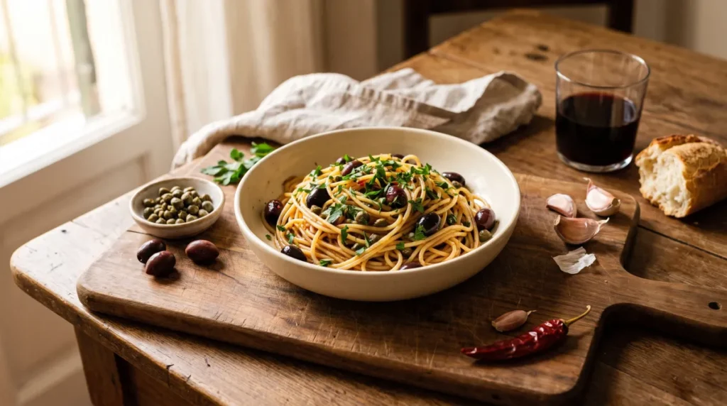 Miska spaghetti alla puttanesca z czarnymi oliwkami, kaparami i natką pietruszki na rustykalnym drewnianym stole