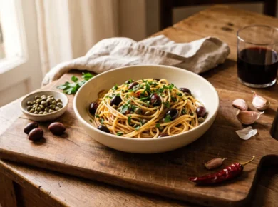 Miska spaghetti alla puttanesca z czarnymi oliwkami, kaparami i natką pietruszki na rustykalnym drewnianym stole