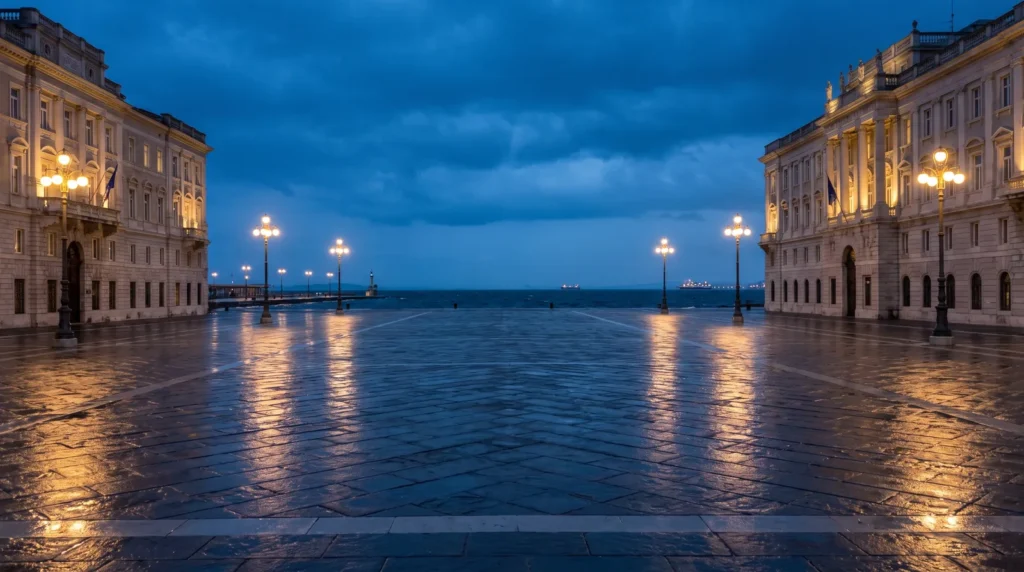 Piazza Unità d'Italia w Trieście otwarta na Adriatyk, habsburskie fasady o zmierzchu