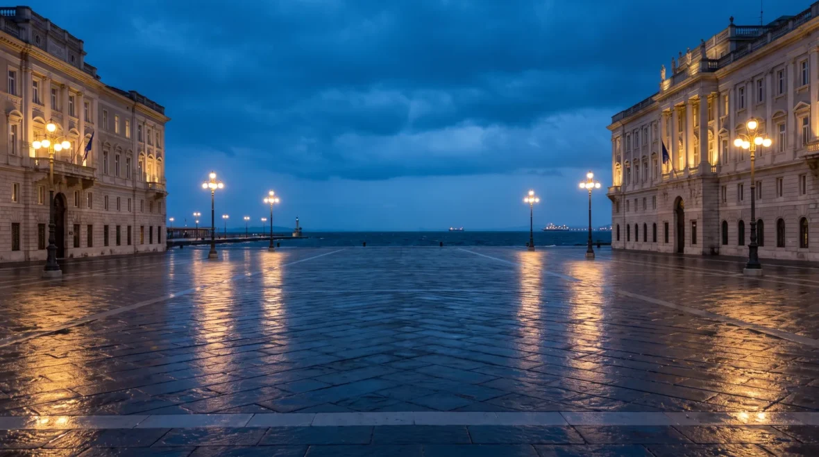 Piazza Unità d'Italia w Trieście otwarta na Adriatyk, habsburskie fasady o zmierzchu