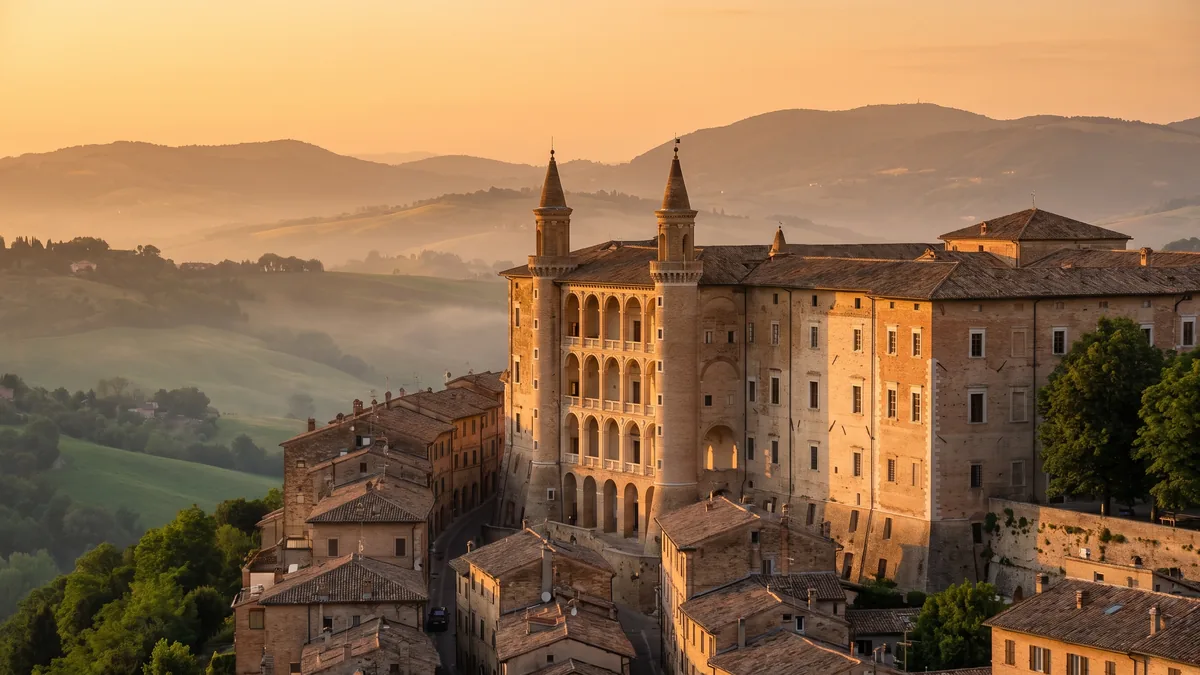 Palazzo Ducale w Urbino widziany z doliny o złotej godzinie